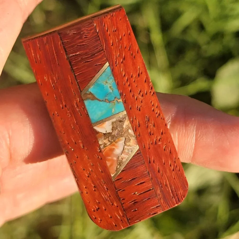 Handmade Southwestern copper turquoise, copper spiny oyster, rosewood money clip